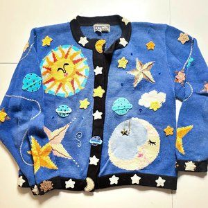 Vintage Berek 2 Knit Embroidery Sequin Astrology Sun Moon Star Cosmic Cardigan